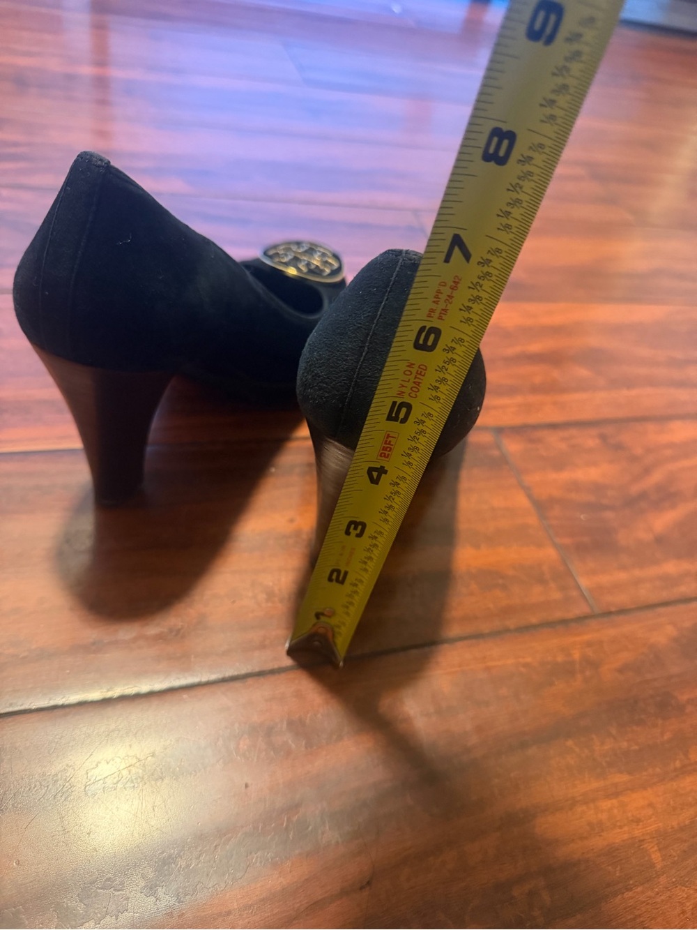 Tory Burch Black Suede Heels with Gold Logo Medallions sizes 8 - Picture 9 of 9